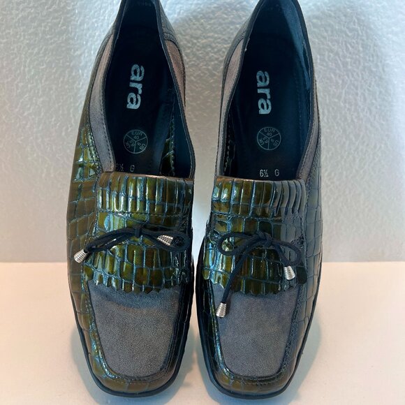 NWOT - Ara - Kiltie - Loafer Black & Green Gray Leather Alligator Print - Size 9 - Picture 8 of 12